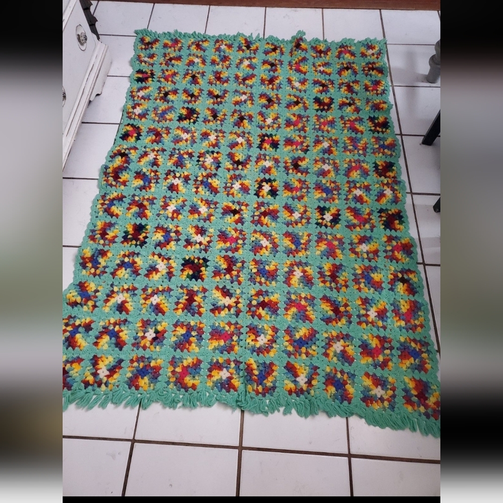 Handmade rainbow  granny square crocheted afghan with fringe 70" × 48